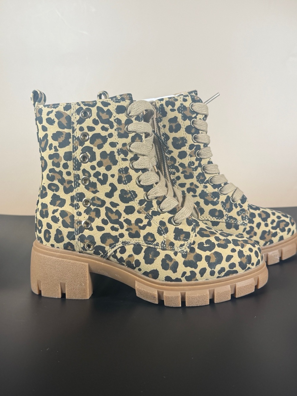Leopard Print Lace-Up Combat Boots in Beige - Picture 3 of 5
